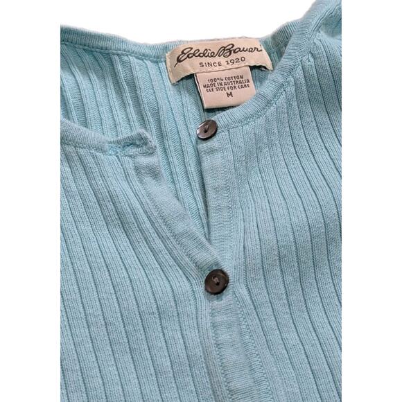 Eddie Bauer Turquoise Blue Cotton Cable Knit 3/4 Sleeve Cardigan Sweater Size M - Picture 3 of 4